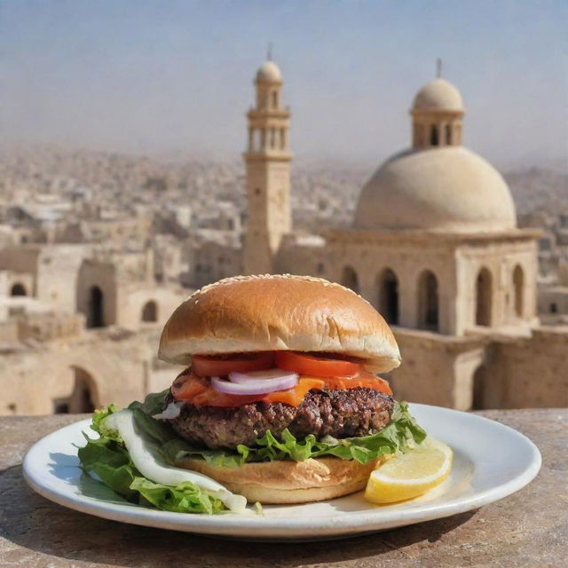 A juicy, delicious burger prominently displayed with the backdrop of historical Syrian architecture.