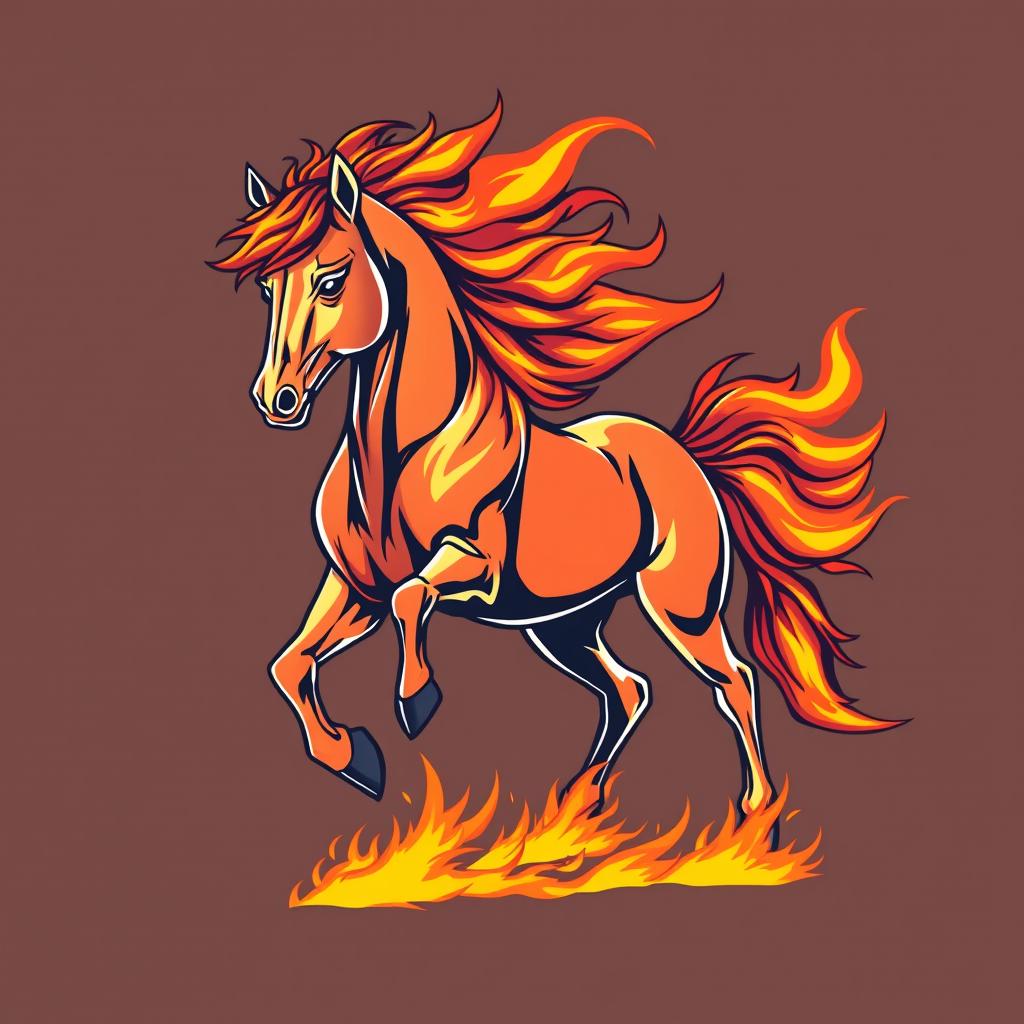 Illustration of a powerful horse with a fiery mane and tail, embodying the essence of wildfire