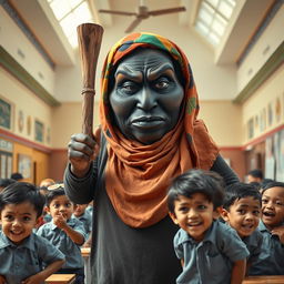 A scene inside a bustling school in Cairo, showcasing a very large dark-skinned woman in a colorful hijab holding a noticeably large wooden stick