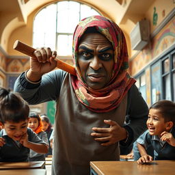 A scene inside a bustling school in Cairo, showcasing a very large dark-skinned woman in a colorful hijab holding a noticeably large wooden stick