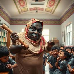 A scene inside a bustling school in Cairo, showcasing a very large dark-skinned woman in a colorful hijab holding a noticeably large wooden stick