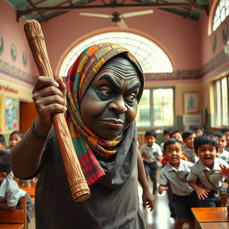 A scene inside a bustling school in Cairo, showcasing a very large dark-skinned woman in a colorful hijab holding a noticeably large wooden stick