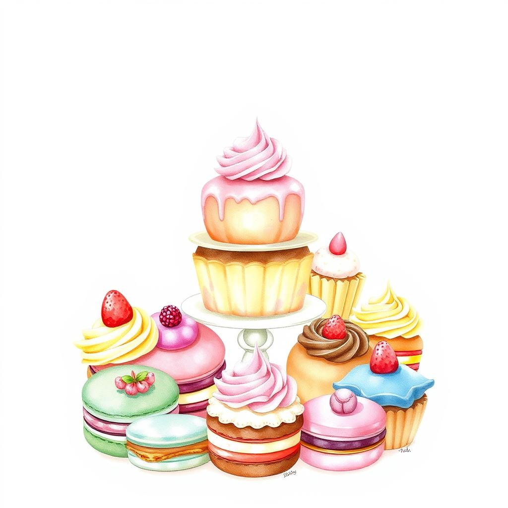 A delightful watercolor painting of an exquisite dessert display, featuring a variety of delicious and vibrant pastries such as macarons, cupcakes, and éclairs, artistically arranged to create an inviting and elegant composition