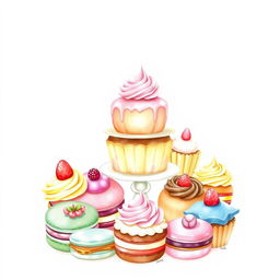 A delightful watercolor painting of an exquisite dessert display, featuring a variety of delicious and vibrant pastries such as macarons, cupcakes, and éclairs, artistically arranged to create an inviting and elegant composition