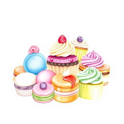 A delightful watercolor painting of an exquisite dessert display, featuring a variety of delicious and vibrant pastries such as macarons, cupcakes, and éclairs, artistically arranged to create an inviting and elegant composition