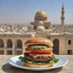 A juicy, delicious burger prominently displayed with the backdrop of historical Syrian architecture.