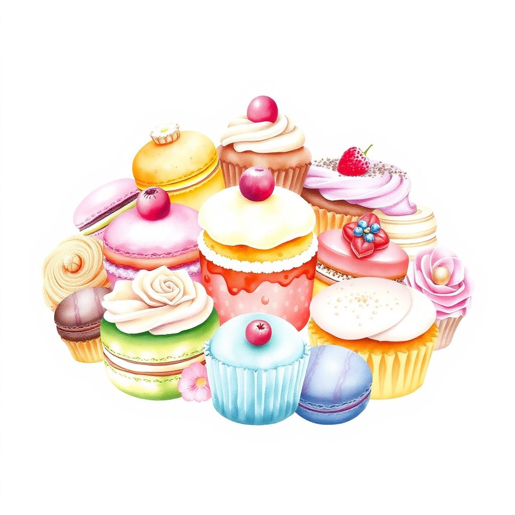 A delightful watercolor painting of an exquisite dessert display, featuring a variety of delicious and vibrant pastries such as macarons, cupcakes, and éclairs, artistically arranged to create an inviting and elegant composition