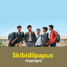 Una portada para la película "Skibidipapus", que muestra a seis estudiantes adolescentes masculinos de piel morena