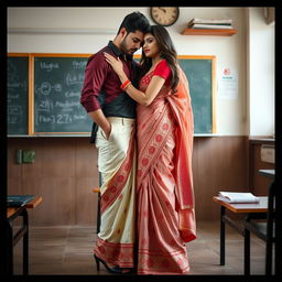 A romantic and intimate scene featuring a confident woman in a muga and red mekhela chadar with cream accents, a red blouse, and high heels