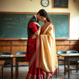 A romantic and intimate scene featuring a confident woman in a muga and red mekhela chadar with cream accents, a red blouse, and high heels