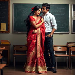 A romantic and intimate scene featuring a confident woman in a muga and red mekhela chadar with cream accents, a red blouse, and high heels