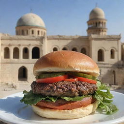 A juicy, delicious burger prominently displayed with the backdrop of historical Syrian architecture.