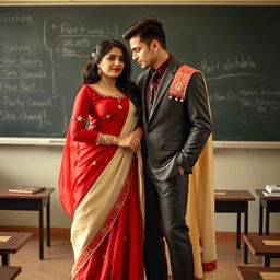 A romantic and intimate scene featuring a confident woman in a muga and red mekhela chadar with cream accents, a red blouse, and high heels