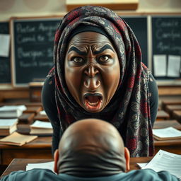 A very large dark-skinned woman wearing a beautifully patterned hijab stands in front of a patient in an old classroom setting