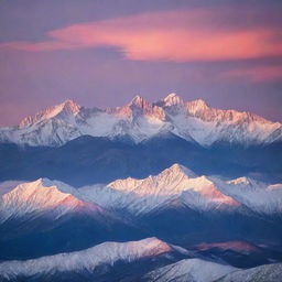 A serene landscape at sunset, with a vibrant sky arrayed in shades of orange, pink, and purple. Silver-lined clouds scatter about, and shadows lengthen from towering mountains, their peaks dusted with glistening snow.