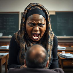 A very large dark-skinned woman wearing a beautifully patterned hijab stands in front of a patient in an old classroom setting