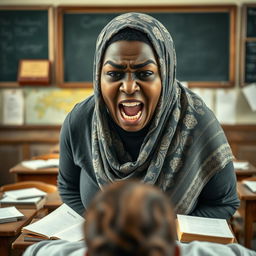 A very large dark-skinned woman wearing a beautifully patterned hijab stands in front of a patient in an old classroom setting