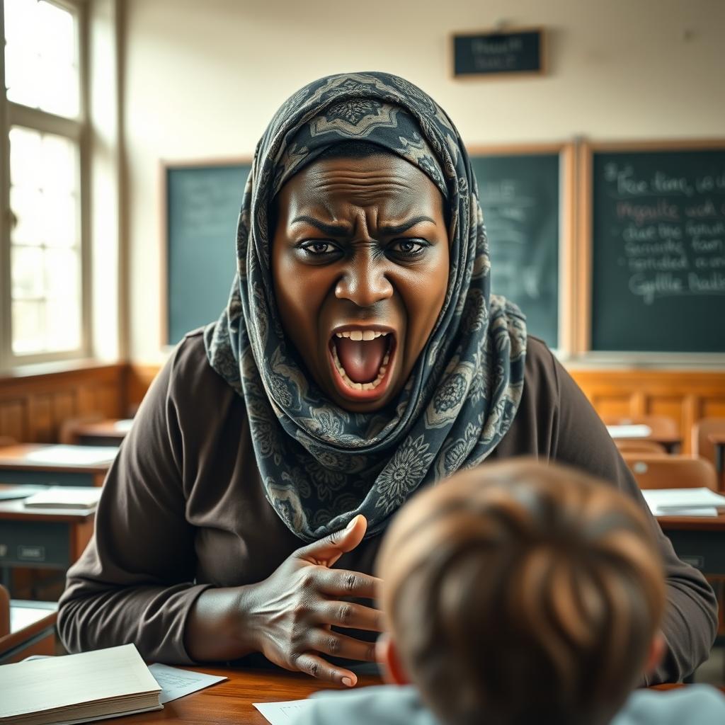 A very large dark-skinned woman wearing a beautifully patterned hijab stands in front of a patient in an old classroom setting