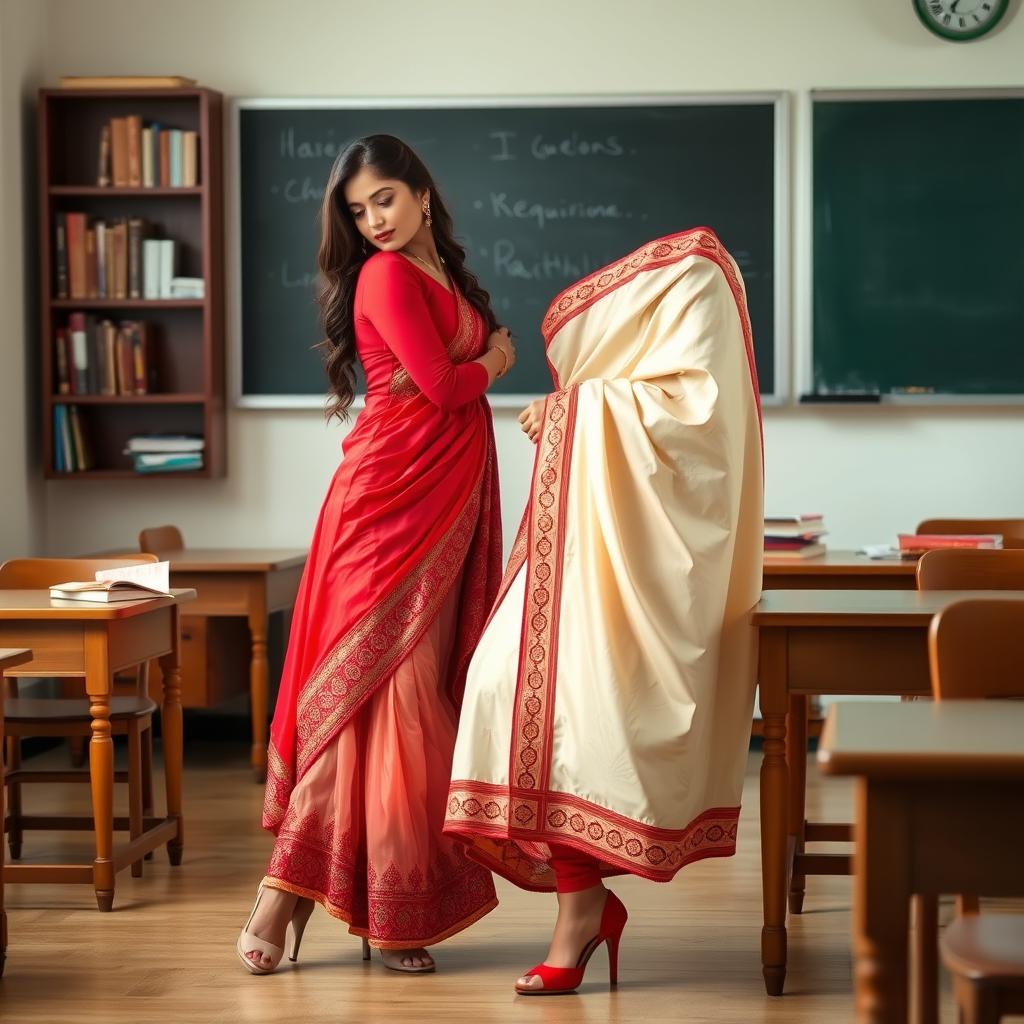 A romantic scene capturing a confident woman in a muga mekhela chadar with cream and red hues, paired with a red blouse and high heels, leaning gracefully towards a fellow adult in an academic setting