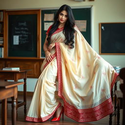 A romantic scene capturing a confident woman in a muga mekhela chadar with cream and red hues, paired with a red blouse and high heels, leaning gracefully towards a fellow adult in an academic setting