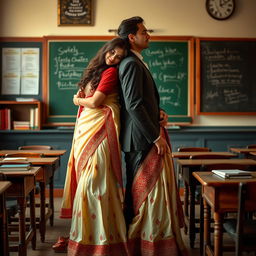 A romantic scene capturing a confident woman in a muga mekhela chadar with cream and red hues, paired with a red blouse and high heels, leaning gracefully towards a fellow adult in an academic setting