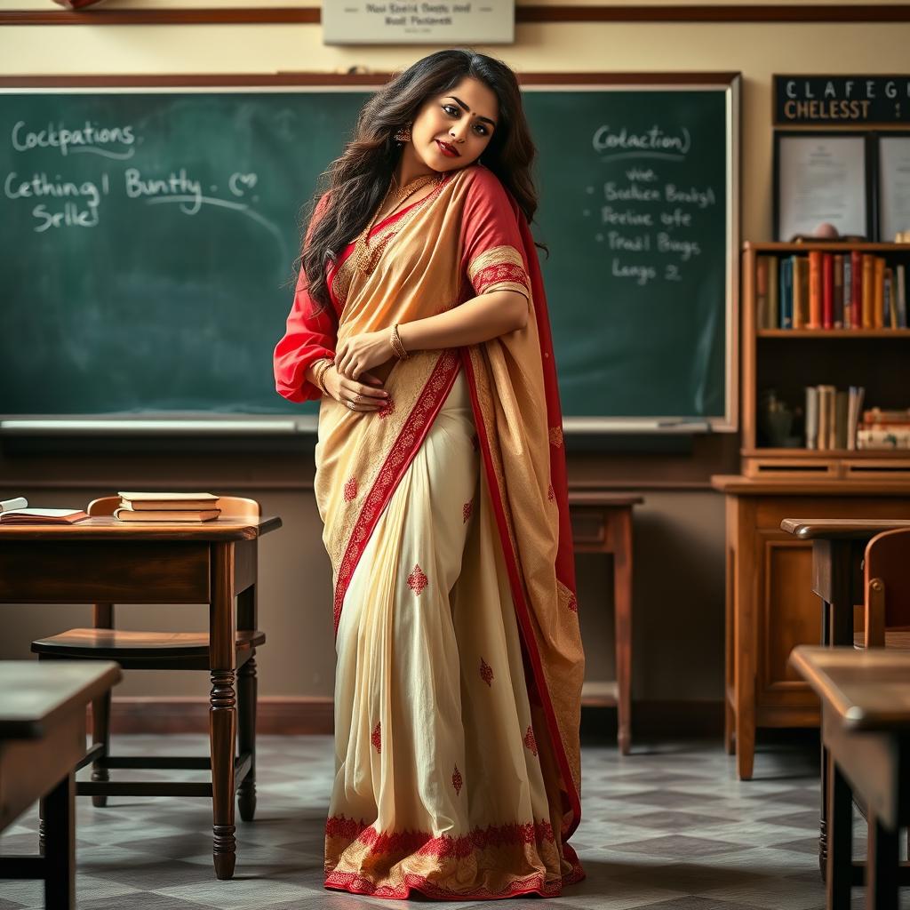 A romantic scene capturing a confident woman in a muga mekhela chadar with cream and red hues, paired with a red blouse and high heels, leaning gracefully towards a fellow adult in an academic setting