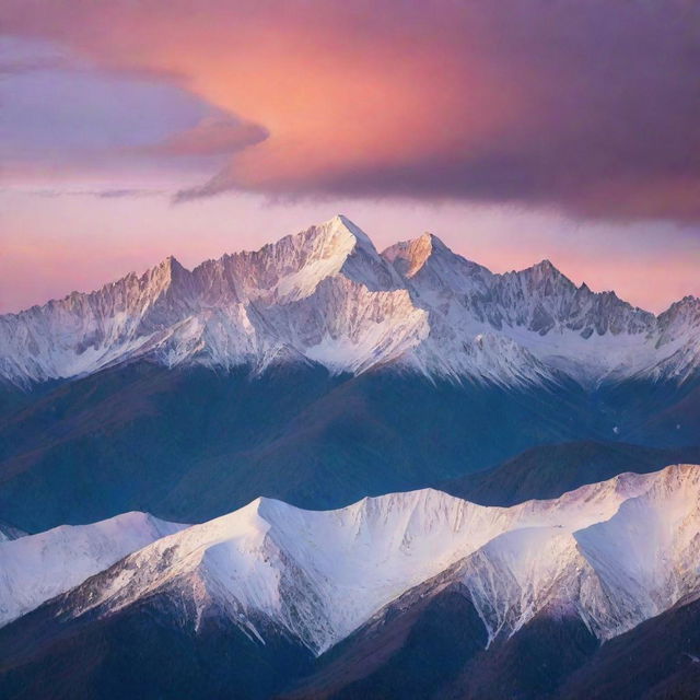 A serene landscape at sunset, with a vibrant sky arrayed in shades of orange, pink, and purple. Silver-lined clouds scatter about, and shadows lengthen from towering mountains, their peaks dusted with glistening snow.