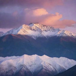 A serene landscape at sunset, with a vibrant sky arrayed in shades of orange, pink, and purple. Silver-lined clouds scatter about, and shadows lengthen from towering mountains, their peaks dusted with glistening snow.