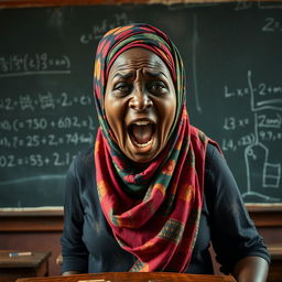 A very large, dark-skinned woman in a vibrant hijab stands authoritatively in front of a blackboard, her face captured in a passionate moment as she screams loudly