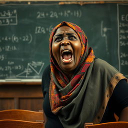 A very large, dark-skinned woman in a vibrant hijab stands authoritatively in front of a blackboard, her face captured in a passionate moment as she screams loudly