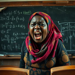 A very large, dark-skinned woman in a vibrant hijab stands authoritatively in front of a blackboard, her face captured in a passionate moment as she screams loudly