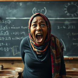 A very large, dark-skinned woman in a vibrant hijab stands authoritatively in front of a blackboard, her face captured in a passionate moment as she screams loudly