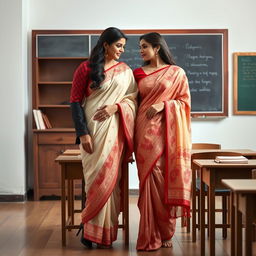 A romantic scene capturing a confident woman in a muga mekhela chadar with cream and red hues, paired with a red blouse and high heels, leaning gracefully towards a fellow adult in an academic setting