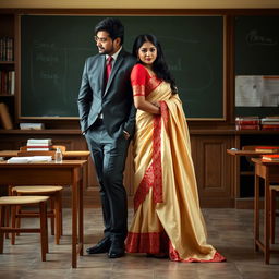 A romantic scene capturing a confident woman in a muga mekhela chadar with cream and red hues, paired with a red blouse and high heels, leaning gracefully towards a fellow adult in an academic setting