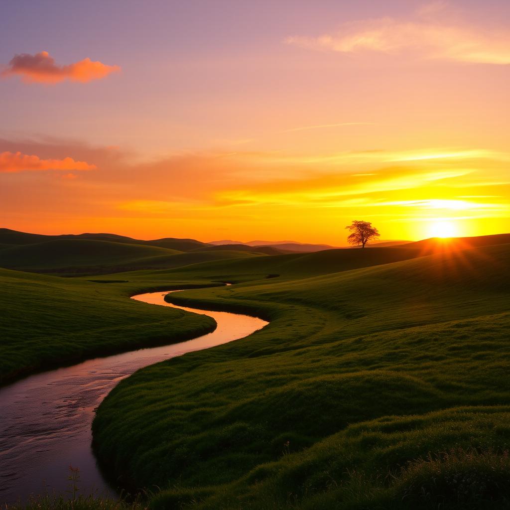 A picturesque landscape featuring a sunset over rolling hills, with lush green fields in the foreground