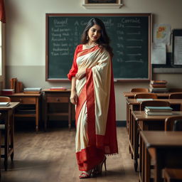 A romantic scene capturing a confident woman in a muga mekhela chadar with cream and red hues, paired with a red blouse and high heels, leaning gracefully towards a fellow adult in an academic setting