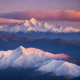 A serene landscape at sunset, with a vibrant sky arrayed in shades of orange, pink, and purple. Silver-lined clouds scatter about, and shadows lengthen from towering mountains, their peaks dusted with glistening snow.