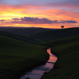 A picturesque landscape featuring a sunset over rolling hills, with lush green fields in the foreground