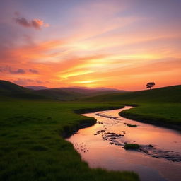 A picturesque landscape featuring a sunset over rolling hills, with lush green fields in the foreground