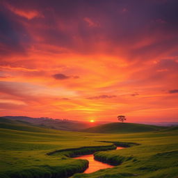 A picturesque landscape featuring a sunset over rolling hills, with lush green fields in the foreground