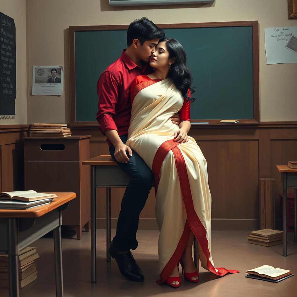 An intimate and romantic scene depicting a confident, voluptuous Thai woman in a muga mekhela chadar with a cream and red combination, complemented by a red blouse and high heels