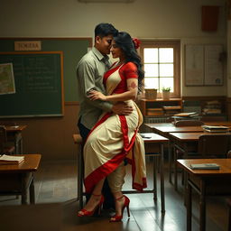 An intimate and romantic scene depicting a confident, voluptuous Thai woman in a muga mekhela chadar with a cream and red combination, complemented by a red blouse and high heels