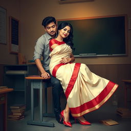 An intimate and romantic scene depicting a confident, voluptuous Thai woman in a muga mekhela chadar with a cream and red combination, complemented by a red blouse and high heels