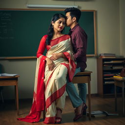 An intimate and romantic scene depicting a confident, voluptuous Thai woman in a muga mekhela chadar with a cream and red combination, complemented by a red blouse and high heels