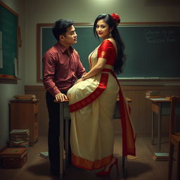 An intimate and romantic scene depicting a confident, voluptuous Thai woman in a muga mekhela chadar with a cream and red combination, complemented by a red blouse and high heels