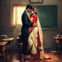 An intimate and romantic scene depicting a confident, voluptuous Thai woman in a muga mekhela chadar with a cream and red combination, complemented by a red blouse and high heels