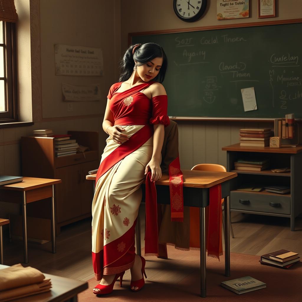 An intimate and romantic scene depicting a confident, voluptuous Thai woman in a muga mekhela chadar with a cream and red combination, complemented by a red blouse and high heels