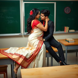 An alluring and romantic scene featuring a confident and voluptuous Thai woman, dressed elegantly in a muga mekhela chadar with a cream and red color combination, a red blouse, and high heels