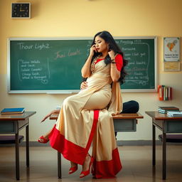 An alluring and romantic scene featuring a confident and voluptuous Thai woman, dressed elegantly in a muga mekhela chadar with a cream and red color combination, a red blouse, and high heels