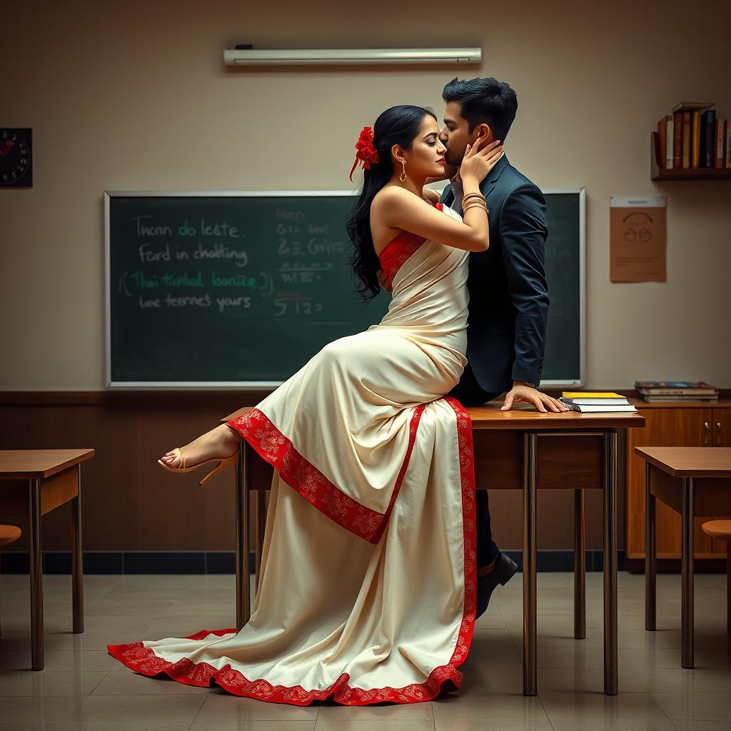 An alluring and romantic scene featuring a confident and voluptuous Thai woman, dressed elegantly in a muga mekhela chadar with a cream and red color combination, a red blouse, and high heels